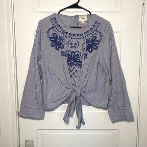 I Madeline Embroidered pinstriped blue white Blouse size L Boho Hippie Anthro